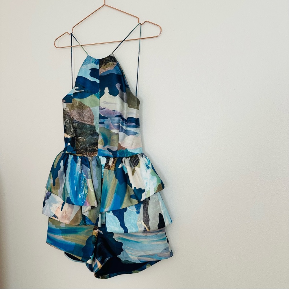 Cameo Artistic Blue Green Layered Halter Open Back Jumpsuit with Abstract Print - Picture 7 of 10